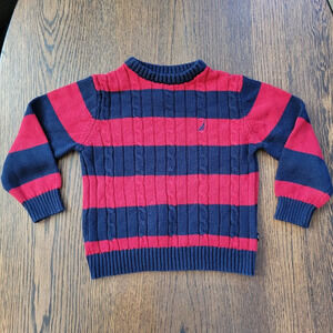 Nautica Red And Navy Blue Striped Cable Knit Crew Neck Sweater Size Boy's 3T